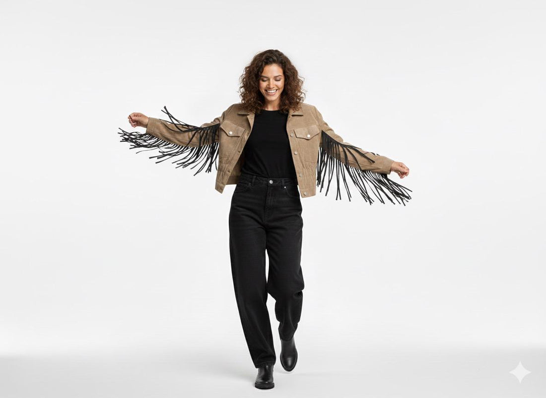 Jacket beige  with black fringes - Boutique Noor 