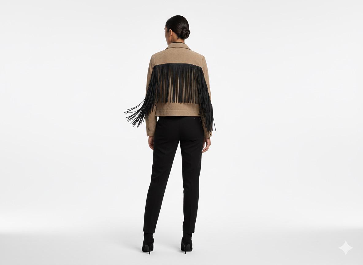 Jacket beige  with black fringes - Boutique Noor 