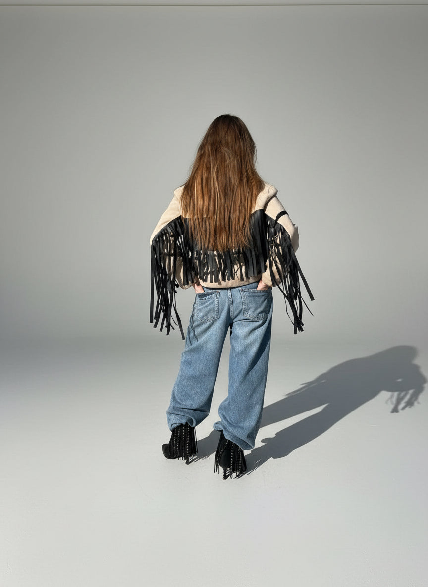 Jacket beige  with black fringes - Boutique Noor 