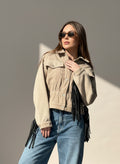 Jacket beige  with black fringes - Boutique Noor 